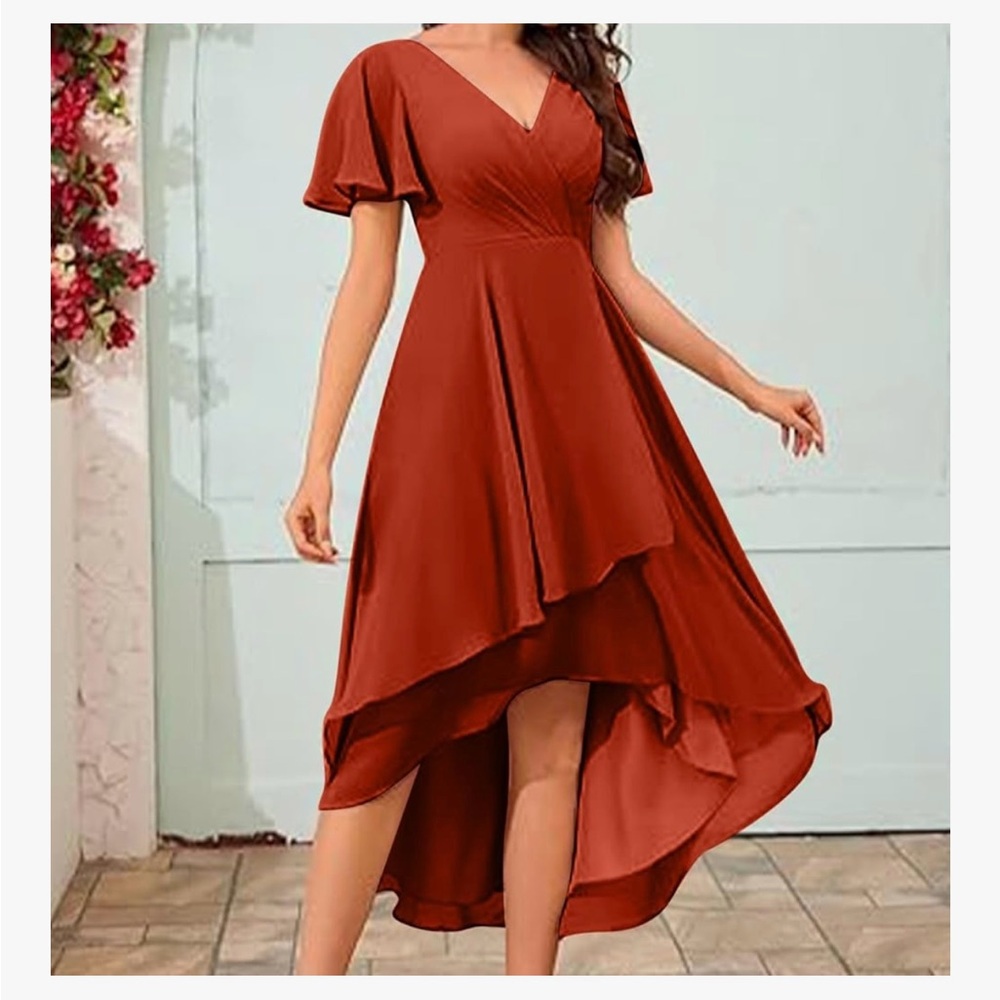 Chic V-Neck High Low Dress in Rust